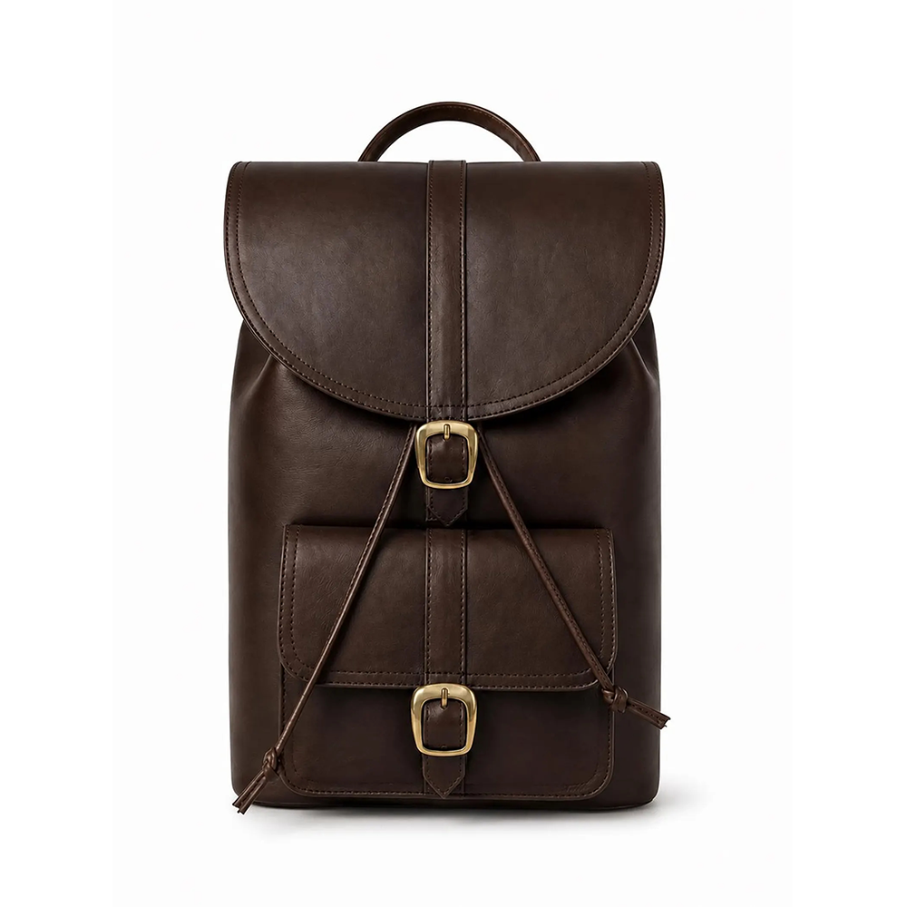 Chocolate Brown Leather Backpack, Vintage Rustic Travel Rucksack, Brass Buckle Daypack
