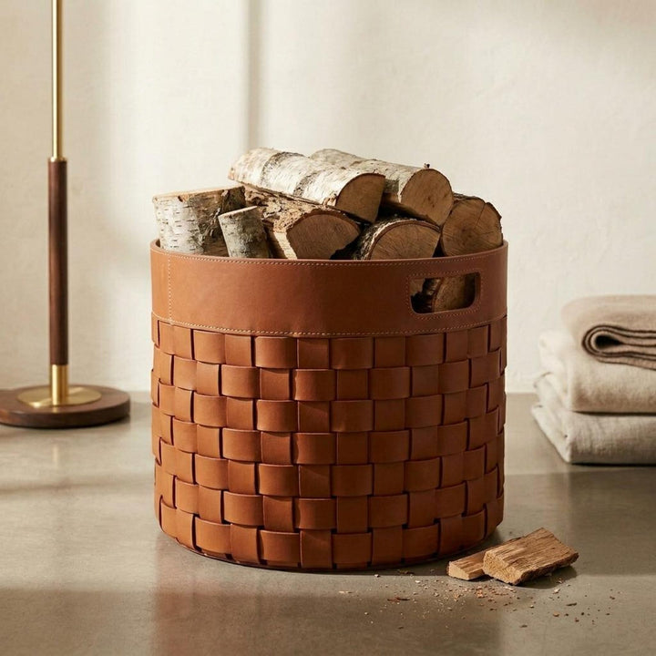 Handmade Round Woven Leather Firewood Carrier  Rustic Wood Storage Basket  Log Organizer Home Decor