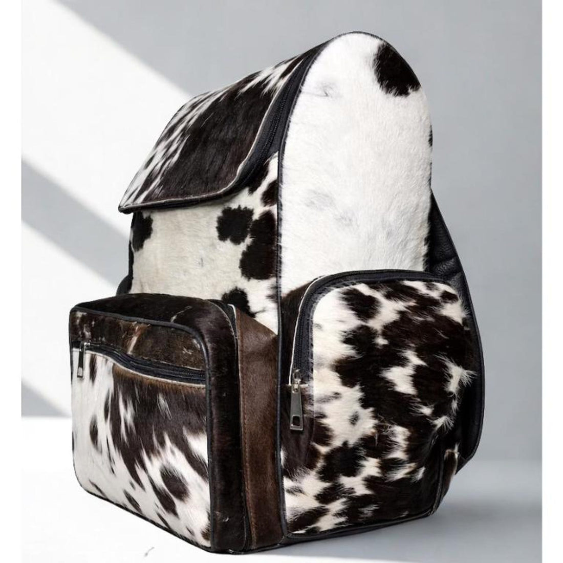 Handmade Genuine Cowhide Backpack, Black White Spotted Leather Rucksack