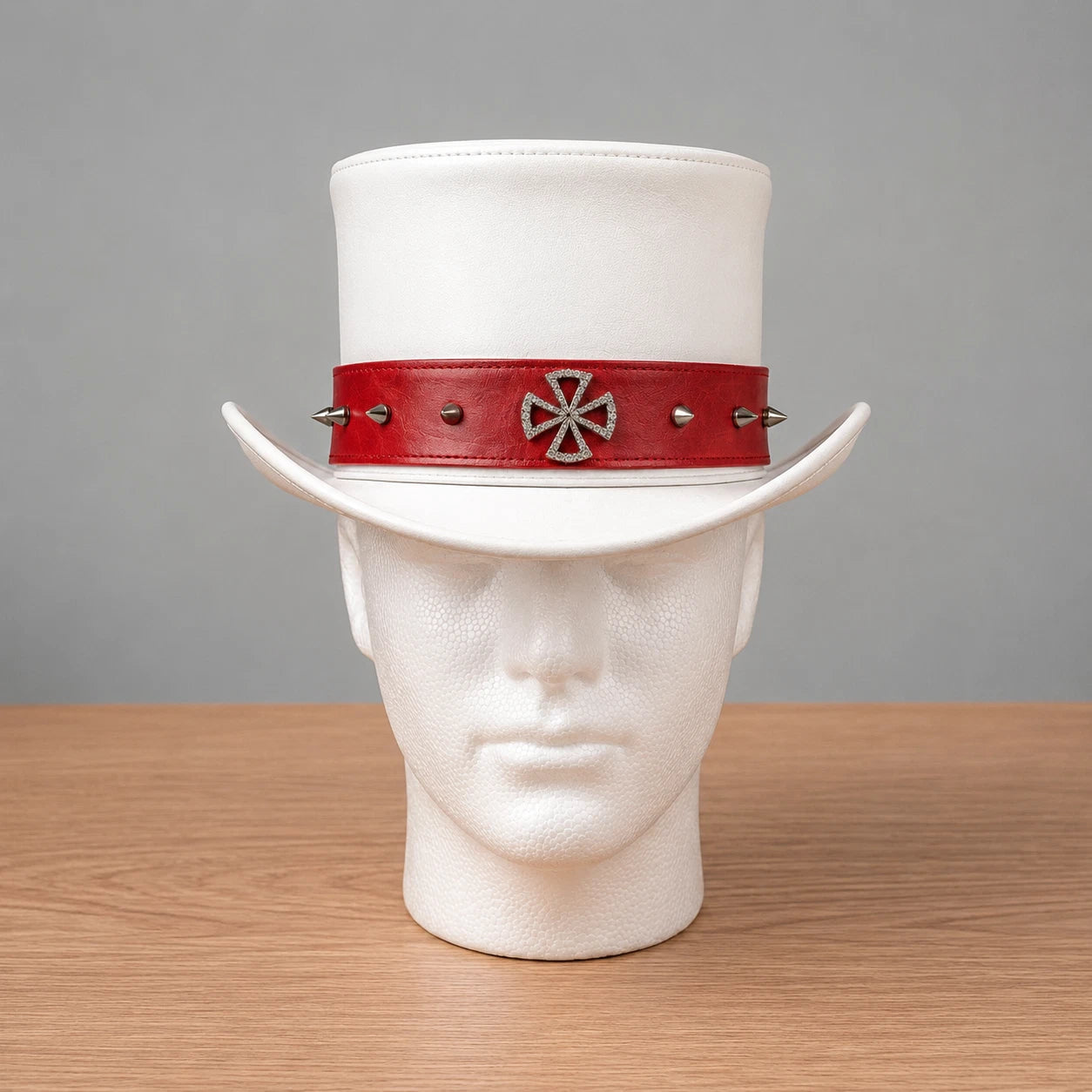 Handmade White Genuine Leather Steampunk Top Hat Gothic Studded Crystal Cross