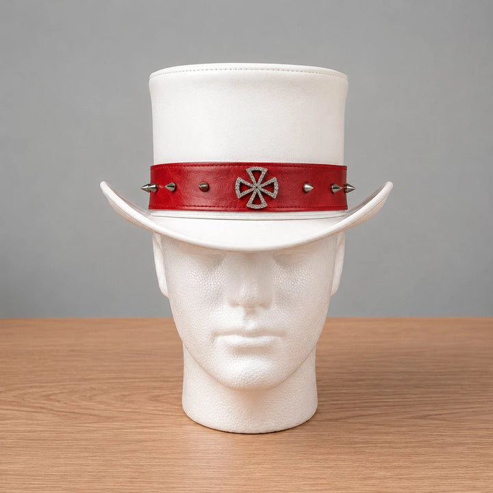 Handmade White Genuine Leather Steampunk Top Hat Gothic Studded Crystal Cross
