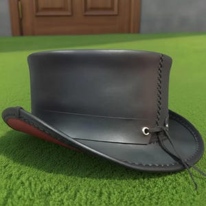 Handmade Black Leather Steampunk Top Hat Gothic Skull Cowboy Western Rocker Hat