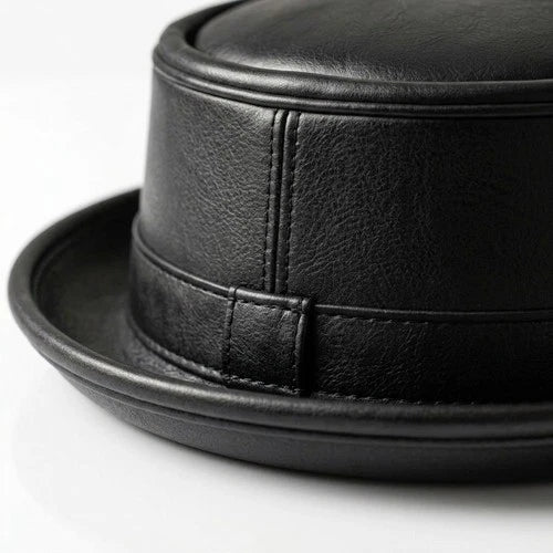 Handmade Black Leather Pork Pie Hat Vintage Gothic Steampunk Unisex Costume Hat