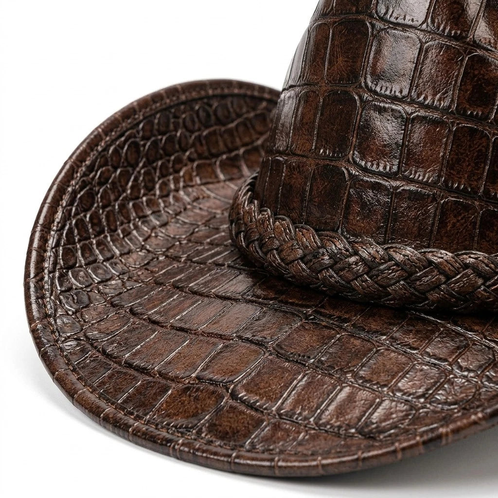 Brown Croc Embossed Leather Cowboy Hat Western Wide Brim Rodeo Ranch Country