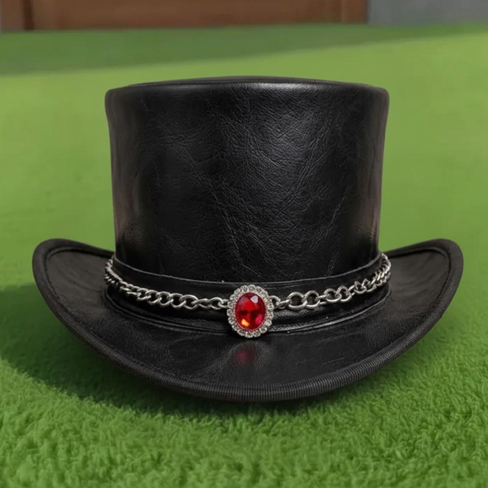 Handmade Black Leather Top Hat Gothic Steampunk Red Gem Chain Hat Festival Biker Costume