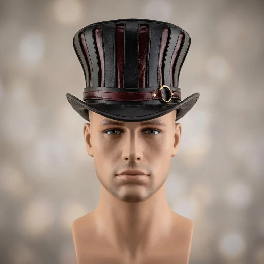 Black Leather Steampunk Top Hat Victorian Gothic Costume Festival Cosplay Hat