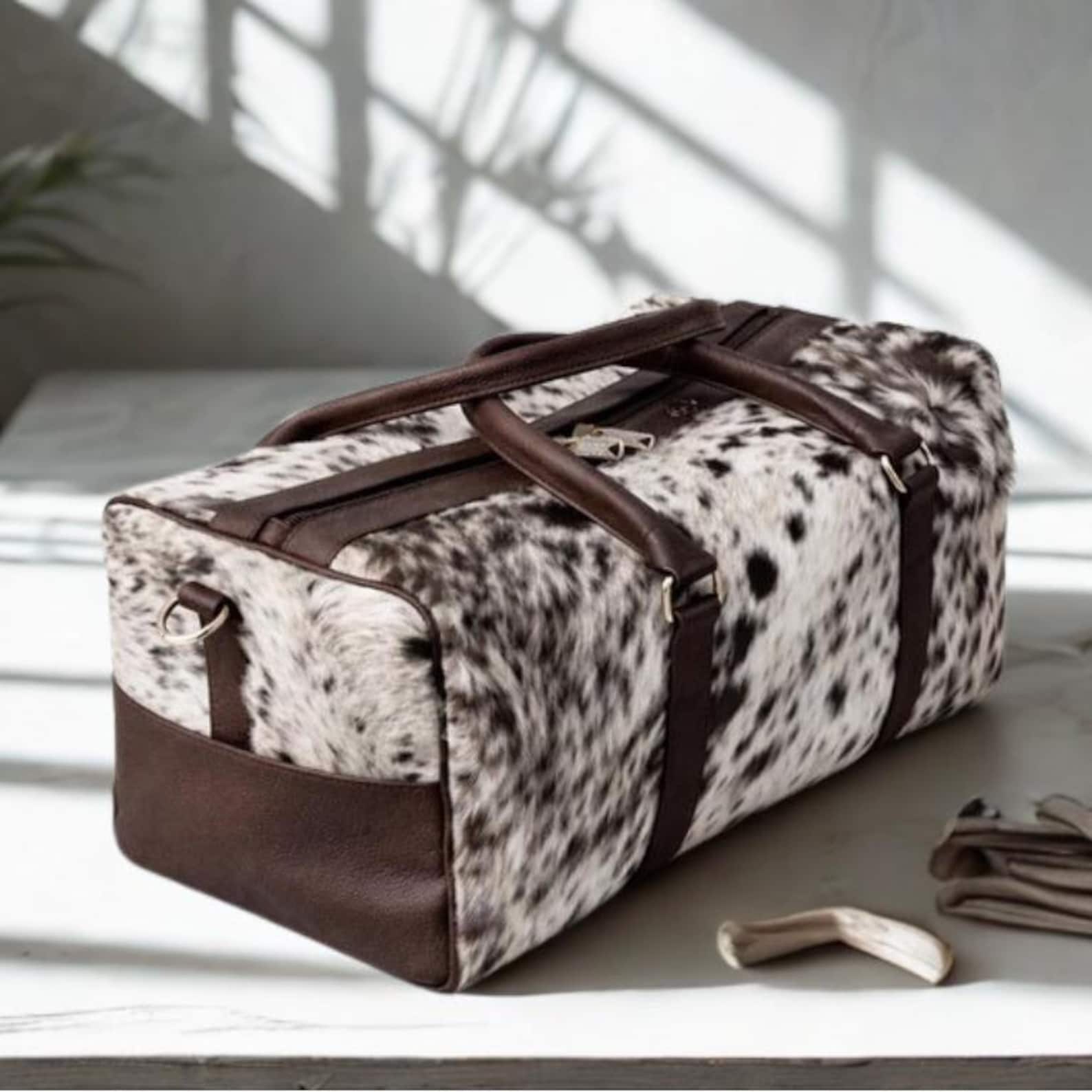 Brown  White HairOn Cowhide Duffle Bag  Handmade Leather Carry On Duffel bag