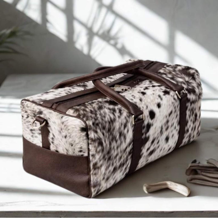 Brown  White HairOn Cowhide Duffle Bag  Handmade Leather Carry On Duffel bag