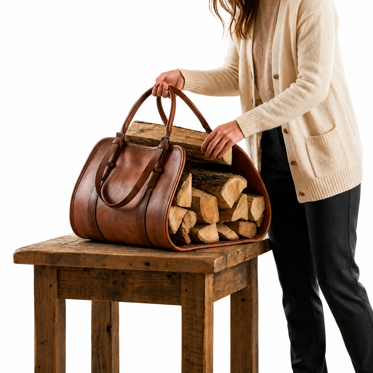 Leather Log Carrier, Personalized Firewood Carrier Bag, Handmade Genuine Leather Wood Tote, Fireplace Log Holder, Hearth Storage Gift