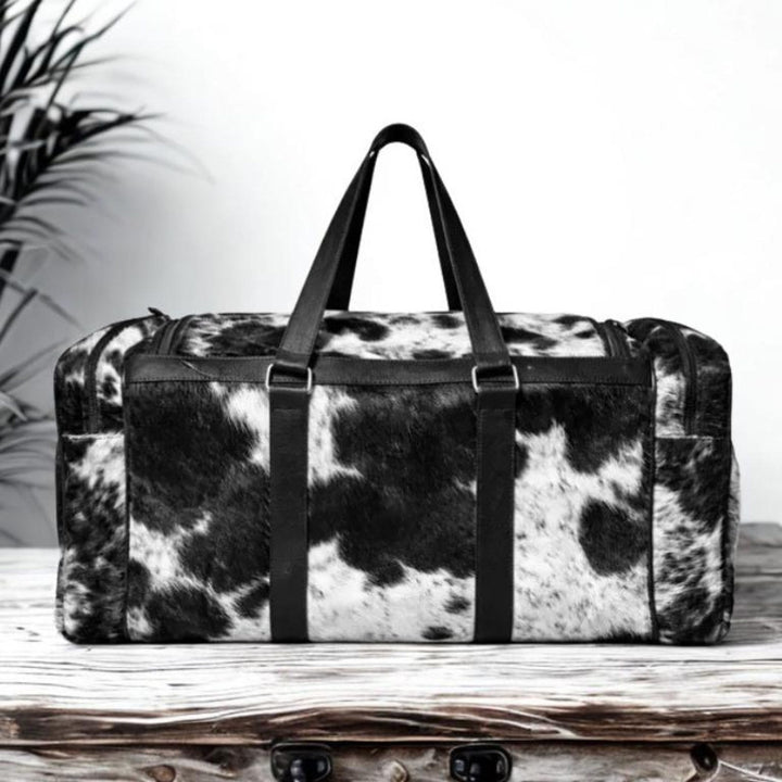 Black White Cowhide Duffle Bag  Leather Western Weekender Travel Bag 22