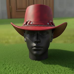 Handmade Red Leather Cowboy Hat Western Festival Cosplay Style Christmas Gift