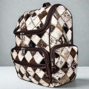 Handmade Cowhide Hair On Backpack  Diamond Patchwork Leather Rucksack