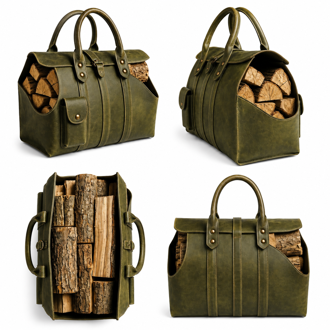 Handmade Full-Grain Leather Firewood Carrier Log Tote ΓÇô Rustic Farmhouse Storage Bag