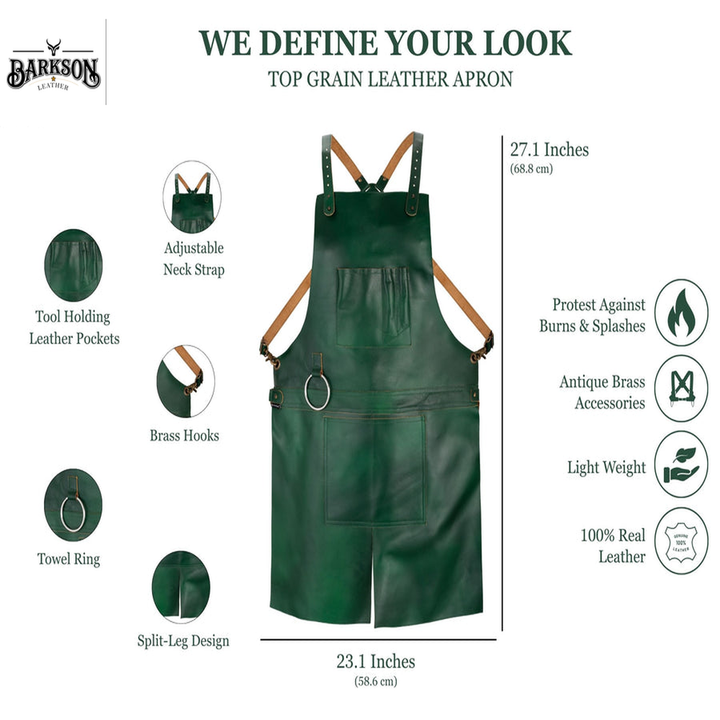 Premium Green Full Grain Leather Apron with Split Leg Design
