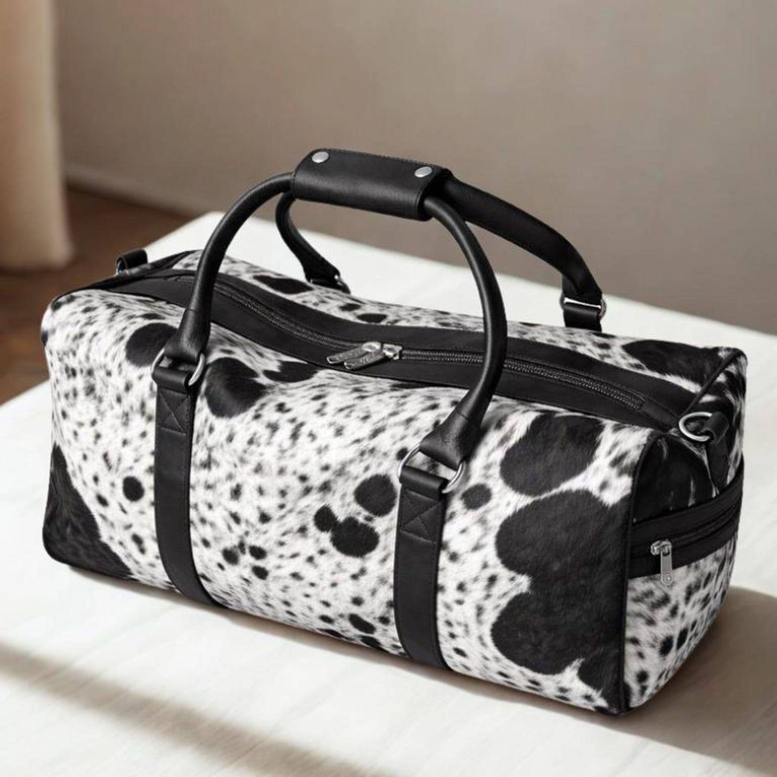 Black White Cowhide Duffle Bag  Handmade Hair On Leather Weekender Travel