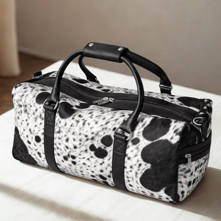 Black White Cowhide Duffle Bag  Handmade Hair On Leather Weekender Travel
