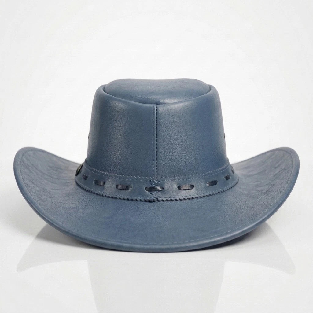 Handcrafted Leather Cowboy Hat  Heart Shape Crown  Luxury Blue Western Fedora