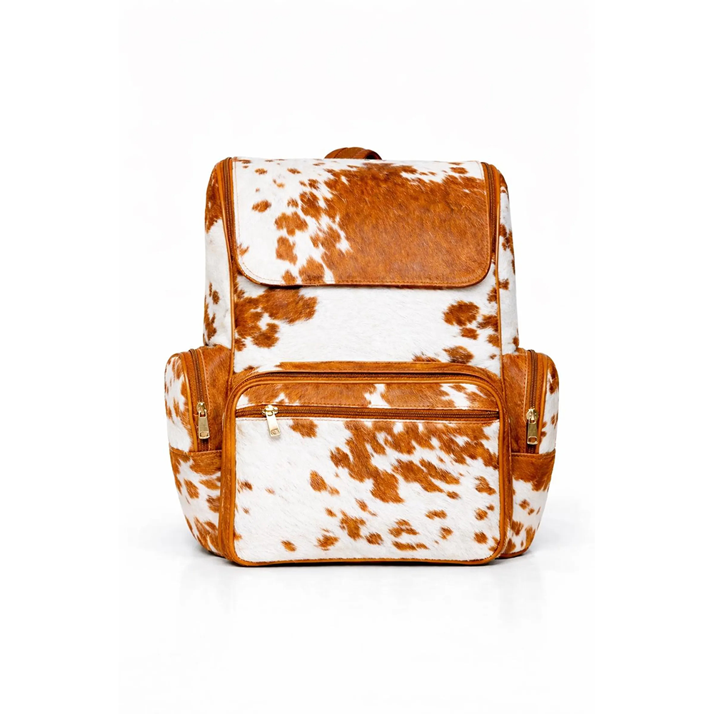 Handmade Genuine Cowhide Backpack  Tan & White Spotted Leather Backpack  Large Western