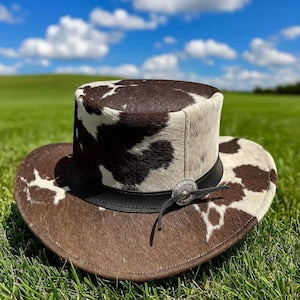 Handmade Unisex Cowhide Hair On Leather Top Hat  Western Band Festival Style