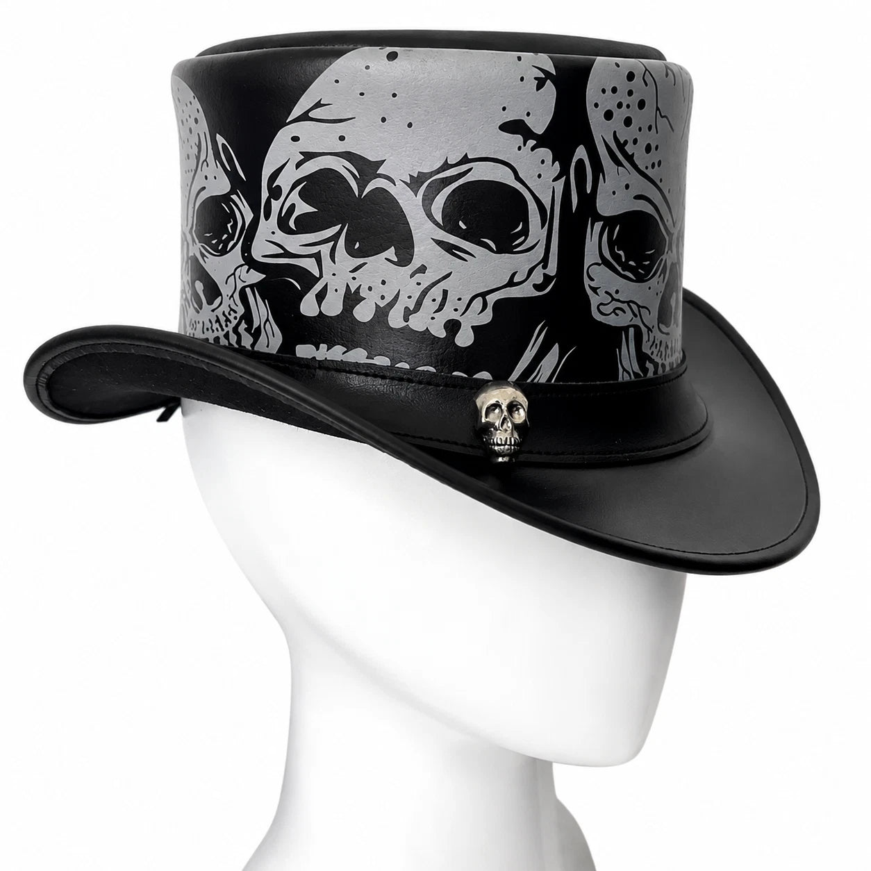 Black Genuine Leather Skull Top Hat Silver Gothic Steampunk WesternCowboy Unisex