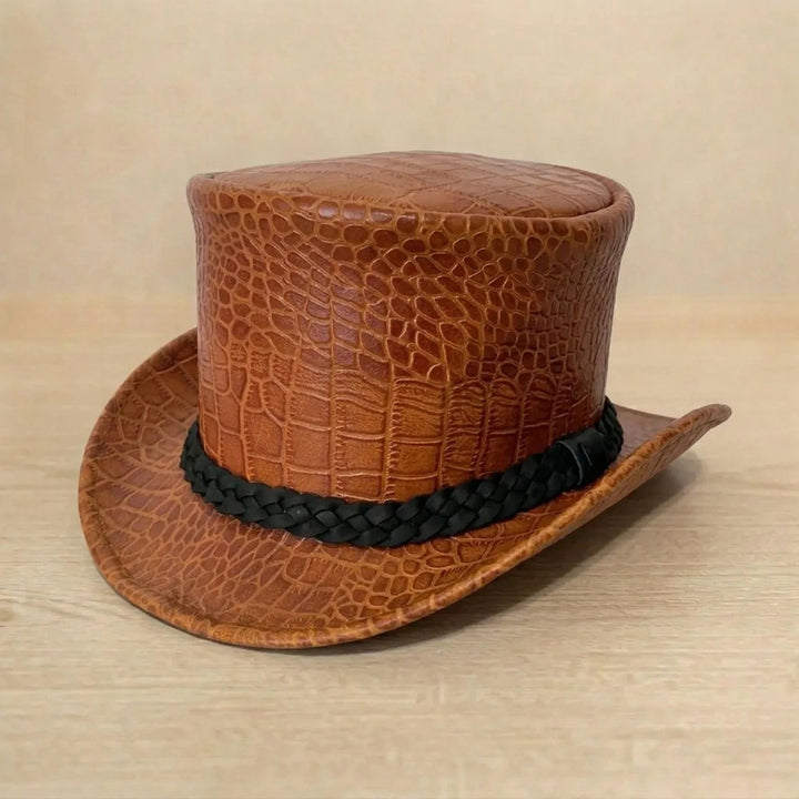 Brown Croc Embossed Genuine Leather Steampunk Top Hat Braided Band Gothic