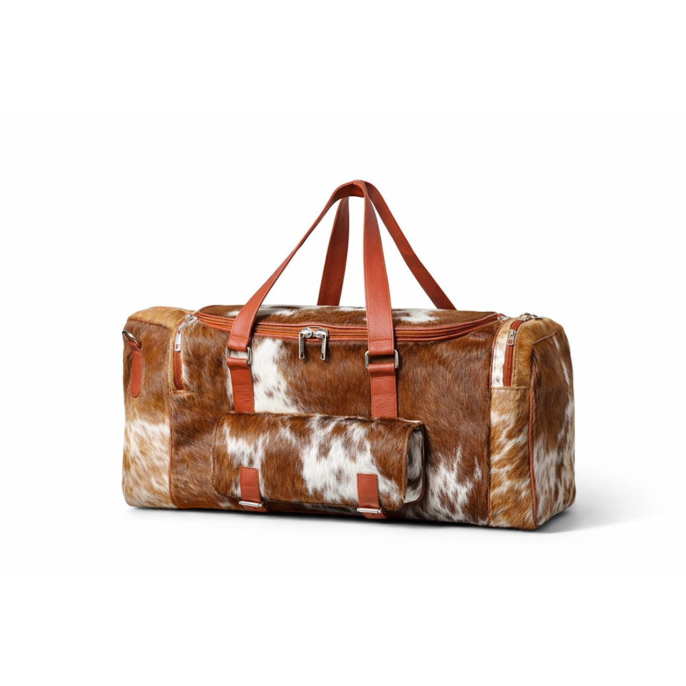 Tan White Cowhide Duffle Bag  Genuine Leather Western Travel Weekender (22 Inch)