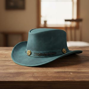 Handmade Teal blue Leather Cowboy Hat Western Steampunk Festival Style