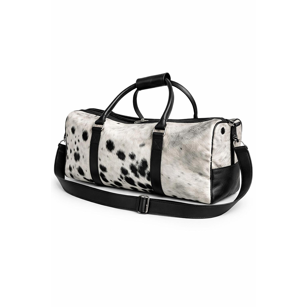 HairOn Cowhide Black and White Duffle Bag  Handmade Leather Weekender4