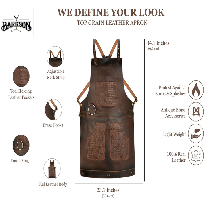 Full Grain Crazy Horse Leather Chef Apron with Crocodile Pattern Pockets
