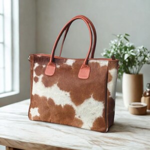Hair On Cowhide Tote Bag  Western Leather Shoulder Handbag Rustic Ranch Style