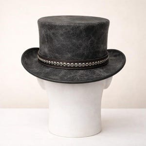 Distressed Leather Top Hat with Chain Band and Red Stone Accent  Unisex Handmade Headwear