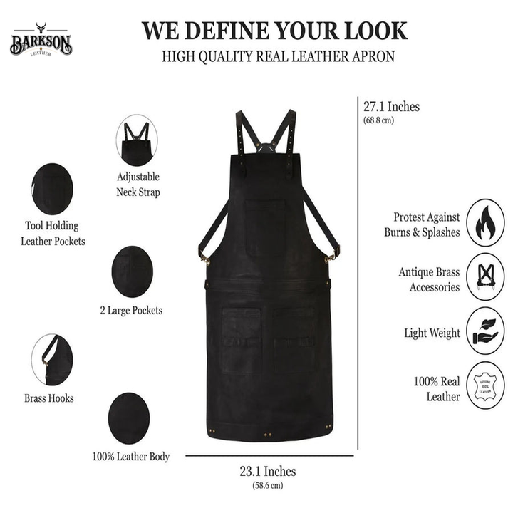 Handcrafted Black Full Grain Leather Apron with Tool Pockets  Adjustable Cross Back Straps
