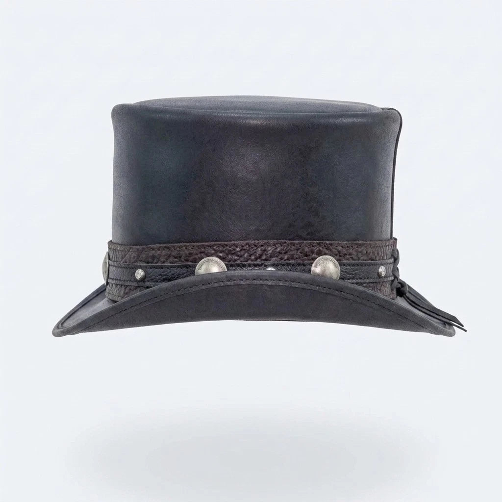 Black Leather Top Hat Handmade Bull Nickle Style Band Victorian Hat Steampunk