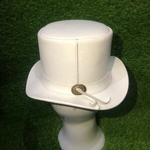 Handmade White Leather Top Hat with Owl Design  Statement Headwear