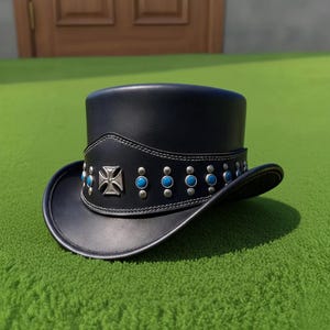 Handmade unisex Black Leather Studded Steampunk Top Hat For Cosplay Festivals And Themed Fashion