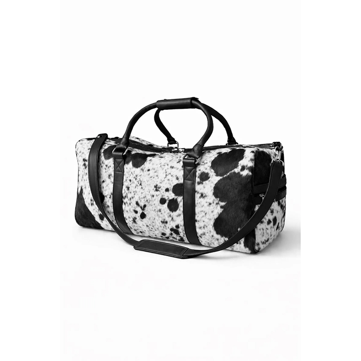 HairOn Cowhide Black and White Duffle Bag  Handmade Leather Weekender