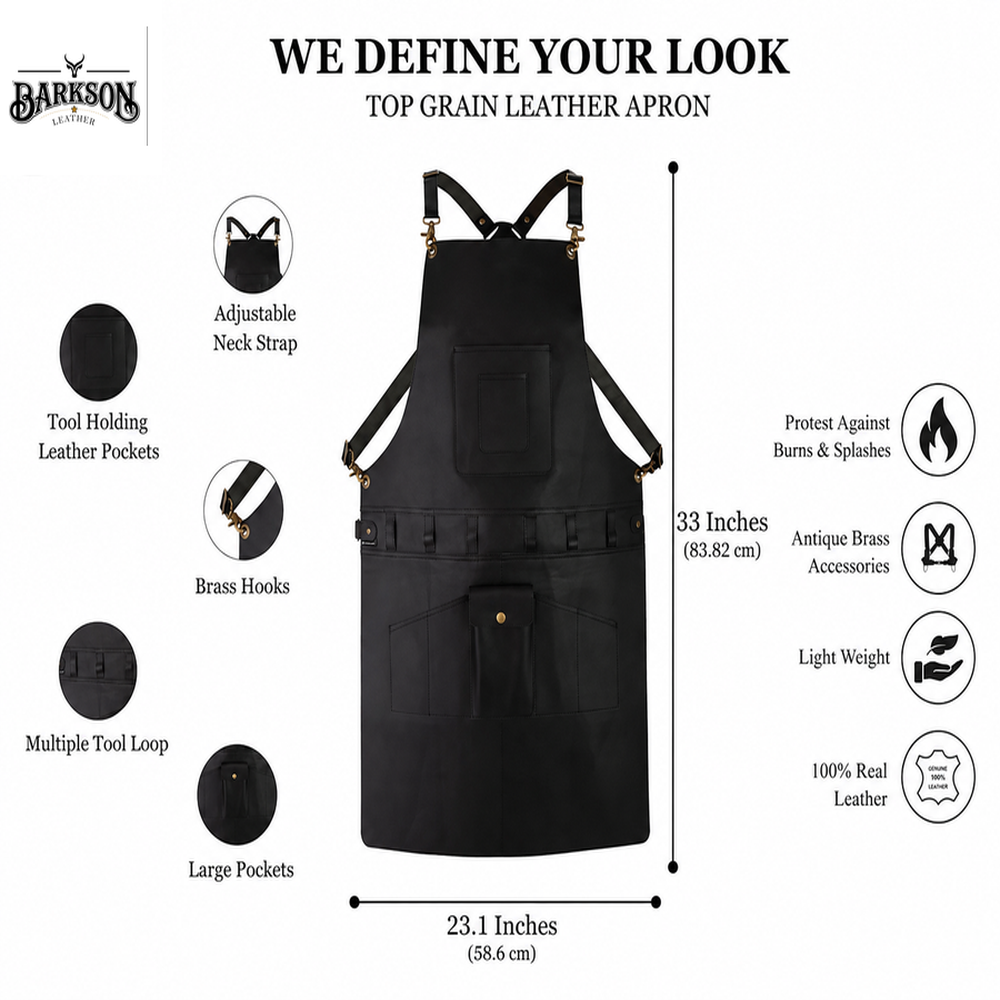 Premium Black Leather Utility Apron with Tool Organizer Adjustable Cross Back Harness