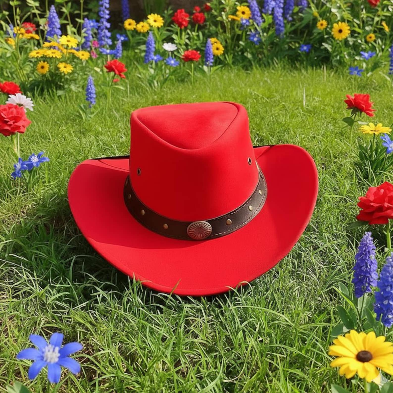 Handmade Red Leather Cowboy Hat Steampunk Festival  Event Western Look