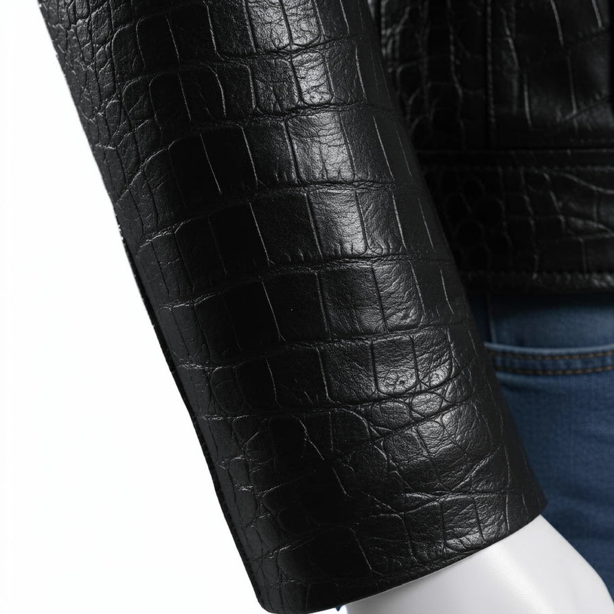 Black Crocodile Pattern Leather Jacket For Men  Genuine Leather Zip Up Biker Style Jackets