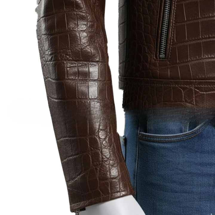 Handmade Brown Crocodile Embossed Genuine Leather Biker Jacket