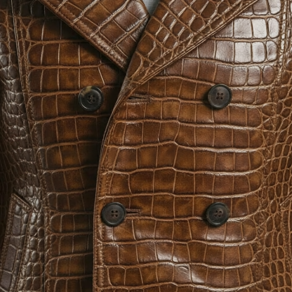 Embossed Brown Leather Coat  Mens Double Breasted Jacket