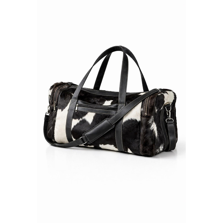 Black White Cowhide Duffle Bag  Genuine Leather Western Travel Weekender (22 Inch)