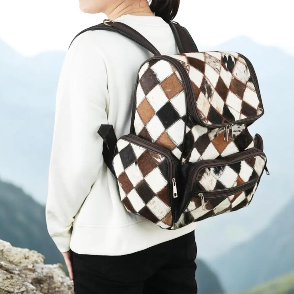 Handmade Patchwork Cow Hairon Leather Backpack Rust