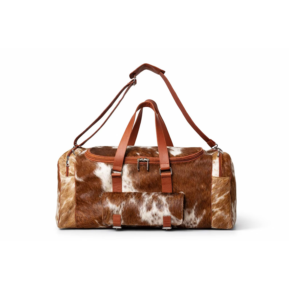 Tan White Cowhide Duffle Bag  Genuine Leather Western Travel Weekender (22 Inch)