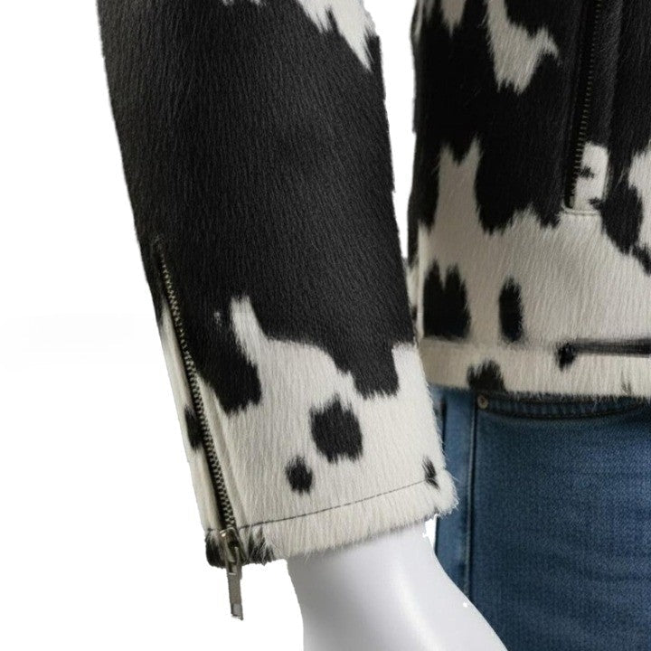 Mens Hair On Cowhide Leather Jacket  Black  White Trucker Style