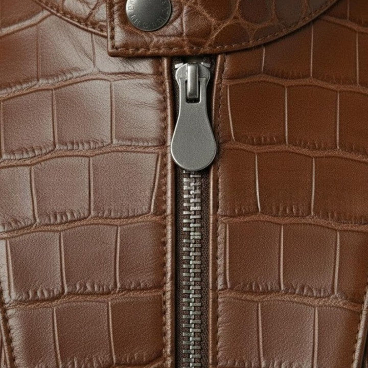 Mens Brown Crocodile Embossed Genuine Leather Jacket Slim Fit