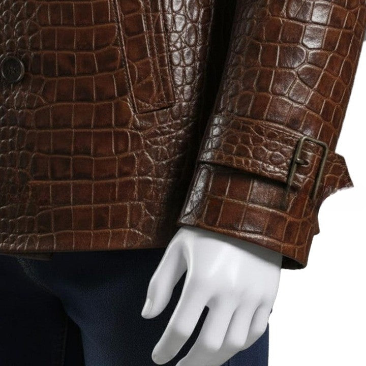 Embossed Brown Leather Peacoat  Mens Double Breasted Jacket