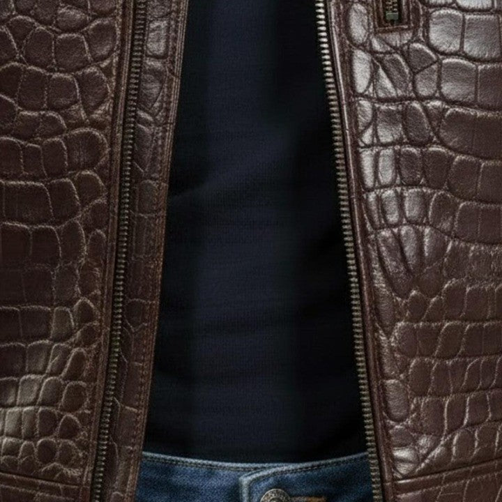 Mens Croc Embossed Genuine Leather Jacket  Slim Fit Stand Collar