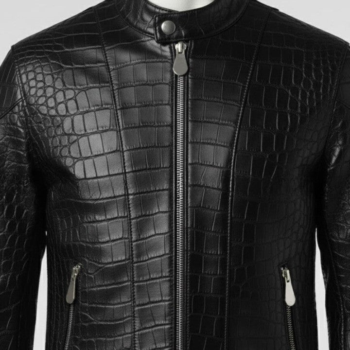 Mens Crocodile Embossed Leather Biker Jacket  Slim Fit Aviator Coat