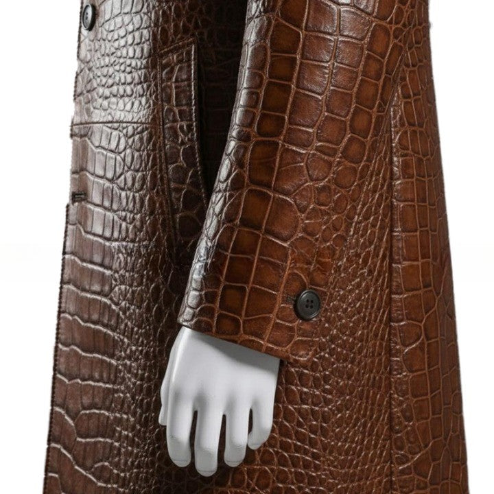 Mens Brown Croc Embossed Coat  Genuine Leather Button Front Jacket  Handmade Long Leather Outerwear